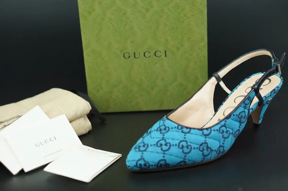 Gucci Charlotte Blue Canvas GG Strap Pointed Toe Slingback Pumps Size 37 $695